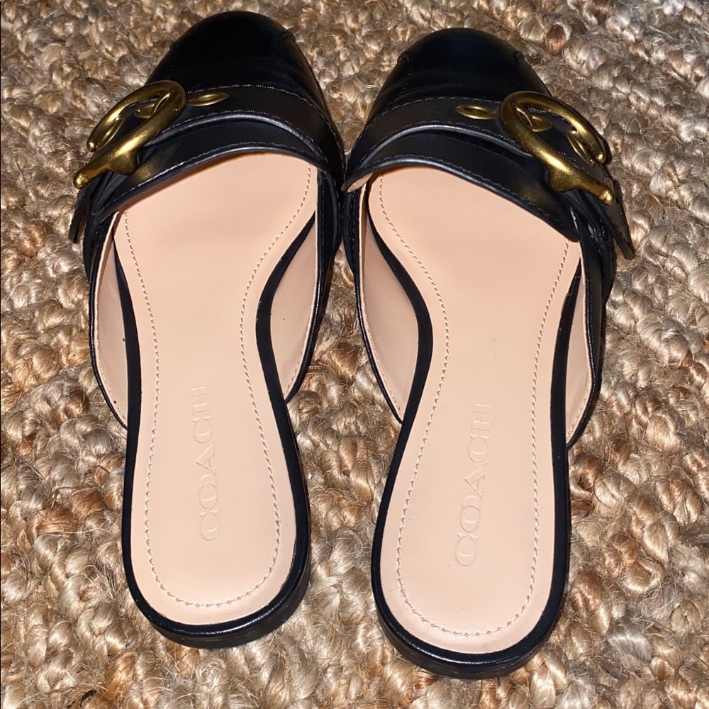 Coach Black Leather Mule Slides with Gold Ring Hardware - Picture 3 of 5